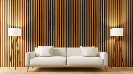 3D rendering of a wooden slat wall background with a white sofa and lamp in a minimal interior design concept