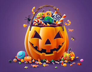 Sticker - Halloween pumpkin basket full of candies and sweets. Vector illustration isolated on violet background.