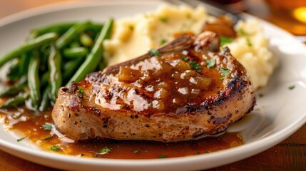 Wall Mural - Savory pork chops with apple sauce, served with mashed potatoes and green beans