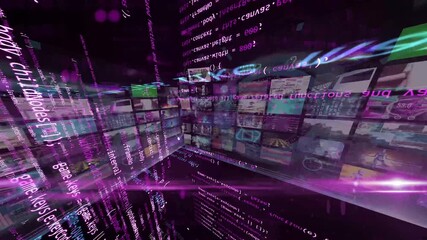 Wall Mural - three dimensional space with software code development and artificial intelligence theme collage. Camera moving in 3D