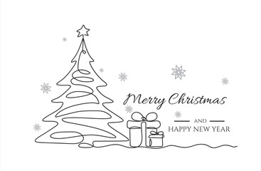 continuous one line line drawing of xmas tree and gift. merry christmas concept