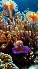 Wall Mural - Colorful anemone and fish in underwater coral reef, perfect for slow-motion video backgrounds