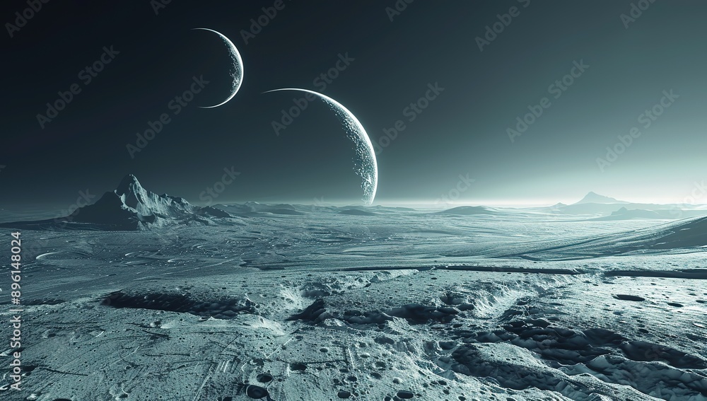 Alien Planet with Dark Rocky Terrain and Distant Moons, Cinematic Space ...