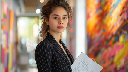 Wall Mural - A confident female executive in a charcoal suit, holding a neat stack of papers, stands in an office with modern decor and a large wooden desk in the background.