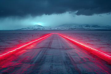 Deep Red Neon Installation on White Salt Flats: A Surreal Landscape