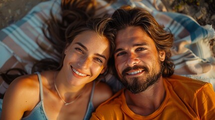 A happy couple lays on a striped blanket together as the sun sets behind them. They both smile and look at the camera