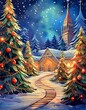 © imaginart - A snowy path winds through a winter wonderland leading to a cozy church with twinkling lights