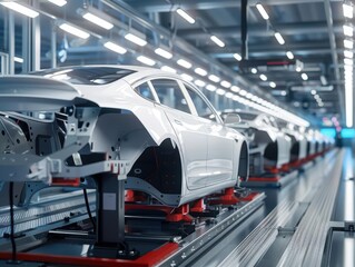 Modern automotive factory assembly line showcasing sleek car frames in production.