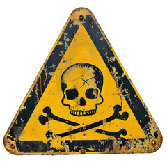yellow triangular sign. grungy style danger sign with skull and cross bones. rusty. warning. caution