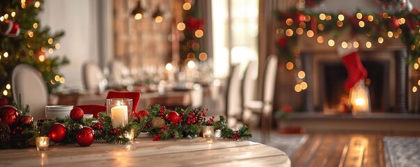 Cozy Christmas dining room decorated with festive ornaments, candles, and a lit fireplace, creating a warm holiday atmosphere.