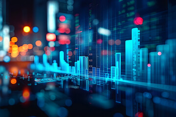 Wall Mural - View of stock market expansion, business investment, and data analysis concept featuring digital financial charts, graphs, and indicators against a dark blue blurred background