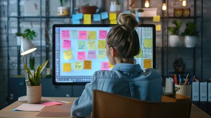 Wall Mural - A person sits at a desk with a computer, likely working or studying