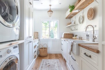 Wall Mural - Laundry room with white cabinets, wicker basket and washing machine