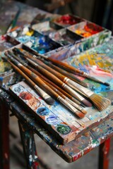 Canvas Print - A collection of paint brushes arranged neatly on a wooden table, perfect for artistic or crafty scenes