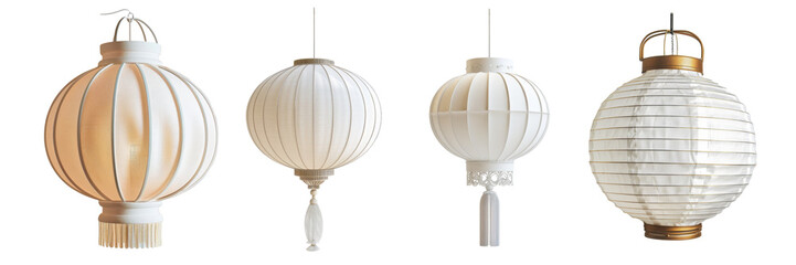 Wall Mural - Collection of white Chinese lanterns isolated on transparent or white background