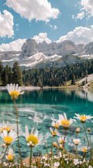 Wall Mural - Daisies bloom along the edge of a clear blue mountain lake