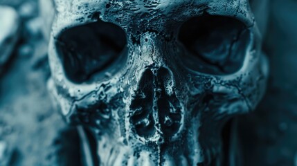 Wall Mural - A close-up of a skull statue on a table, ideal for Halloween-themed projects or dark fantasy illustrations