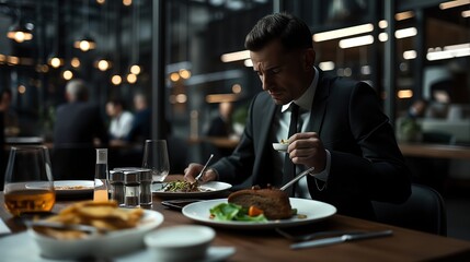 Poster - A man in a dark suit is dining alone in a sophisticated restaurant. The table features a plate of food, drinks, and condiments. Other patrons are visible in the background.