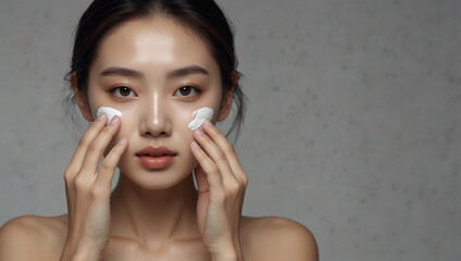 Wall Mural - Attractive Japanese Chinese Korean asian woman with flawless luminous skin promoting beauty industry care product