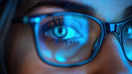 Close-up shot of person wearing glasses, with their eye reflecting blue light, creating intense and focused look. Details of the eye and glasses frame are sharply defined.