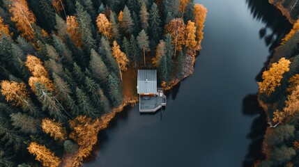 Wall Mural - Aerial view of a cabin by a lake surrounded by autumn forest with trees displaying fall foliage colors.