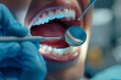 © woters - Close up of dentist examining patient's teeth with a mirror during a dental appointment