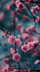 Wall Mural - Pink blossoms bloom vibrantly against a blurred background