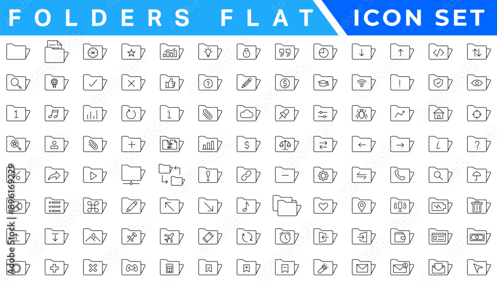 Folders flat line icons set. File catalog, document search, folder ...