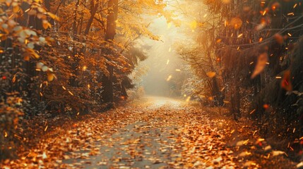 Poster - A winding path through the forest covered in colorful leaves