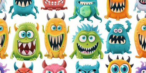 Poster - A group of cartoon monsters showing various facial expressions, perfect for illustration or design projects