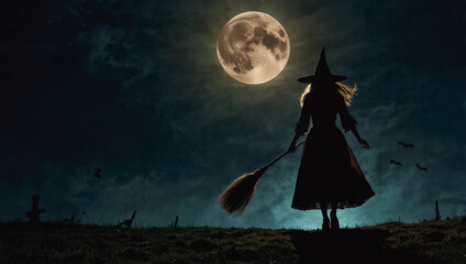 Charmed female witch flying on broom at midnight over full moon dark ritual halloween power magic day