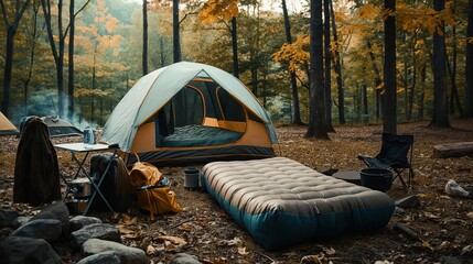 Canvas Print - A campsite in a forest with a tent, inflatable mattress, camping equipment, and folding chairs set up among trees with autumn foliage.