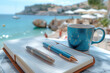 © EdvvinStudios - Businessman taking notes in notebook at beach bar with turquoise sea in background