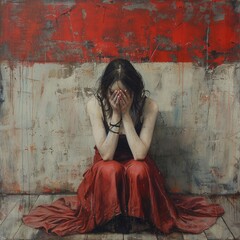 Wall Mural - A woman sitting on the floor covering her face, possibly hiding from something or feeling emotional