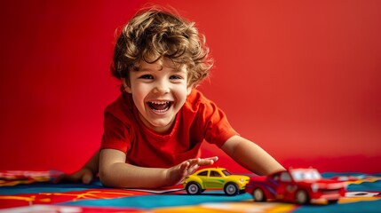 A cheerful boy in a red T-shirt is playing with a toy car on a playmat, racing it back and forth with excitement. The vibrant red background enhances his dynamic and playful mood