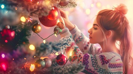 A cute girl in a cozy sweater is hanging colorful baubles on a Christmas tree, her face glowing with holiday cheer.