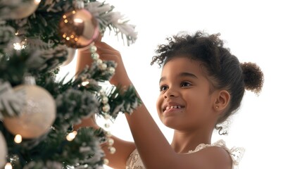 A cute girl in a white dress is hanging a garland on the Christmas tree, smiling widely as she adds to the holiday decorations. The clean white background enhances her joyful and pure holiday spirit