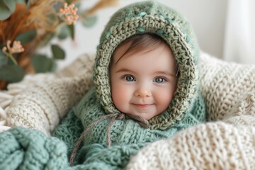 Wall Mural - Portrait of a happy smiling baby in a green fluffy hood isolated on a white background.