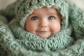 Wall Mural - Portrait of a happy smiling baby in a green fluffy hood isolated on a white background.