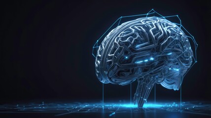 Sticker - cyber brain rendered in digital wireframe polygon style with blue glowing lines and dots