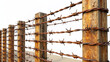 © Adisorn - Rugged barbed wire fence with rusty metal posts and twisted wires rendered in 3D, isolated on a clean white background, evoking a sense of rural isolation.