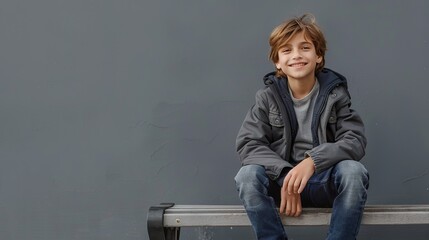 A smiling boy in sleek dark jeans and a stylish jacket is sitting on a bench, his legs crossed casually. The cool gray background enhances his modern and relaxed appearance