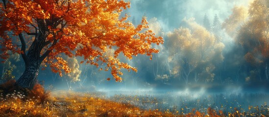 Canvas Print - Beautiful misty mystical forest in autumn. Nature background