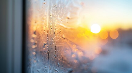 Canvas Print - A window with a sun shining through it and rain on the glass