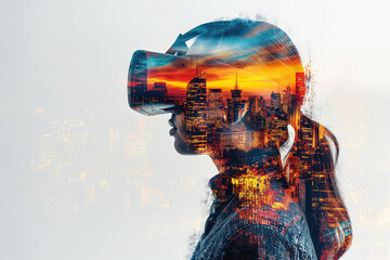 Wall Mural - Businesswoman wearing vr headset exploring metaverse cityscape