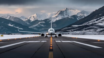 Wall Mural - A commercial airplane is positioned on a runway at an airport with a backdrop of snow-covered mountains under cloudy skies.