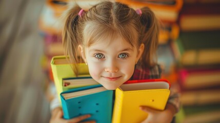 Poster - A young girl holds several books and looks at the camera. AI.