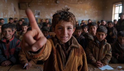 Canvas Print - A young boy raises his hand in a classroom. AI.