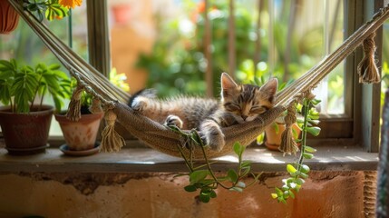 Canvas Print - A cat naps peacefully in a hammock. AI.