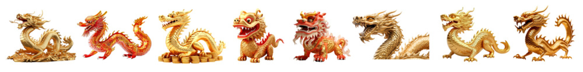 Chinese golden dragon statue png cut out element set